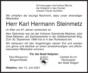 Traueranzeige von Karl Hermann Steinmetz von Siegener Zeitung