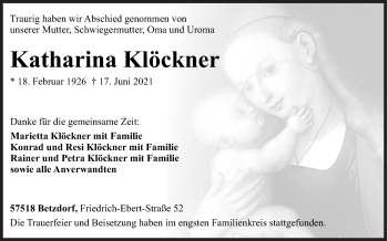 Traueranzeige von Katharina Klöckner von Siegener Zeitung