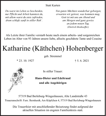 Traueranzeige von Katharine  Hohenberger von Siegener Zeitung