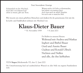 Traueranzeige von Klaus-Dieter Bauer von Siegener Zeitung