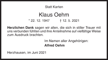 Traueranzeige von Klaus Oehm von Siegener Zeitung