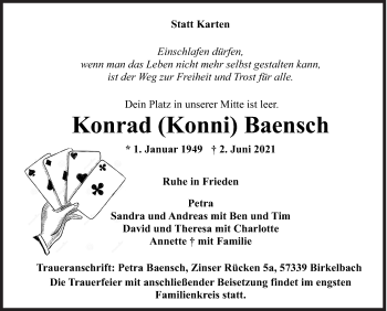 Traueranzeige von Konrad Baensch von Siegener Zeitung