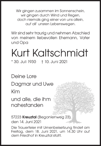 Traueranzeige von Kurt Kaltschmidt von Siegener Zeitung