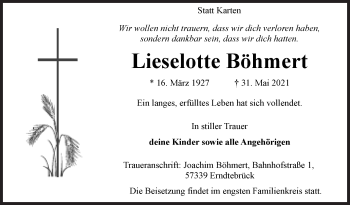 Traueranzeige von Lieselotte Böhmert von Siegener Zeitung