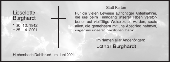 Traueranzeige von Lieselotte Burghardt von Siegener Zeitung
