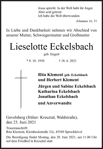 Traueranzeige von Lieselotte Eckelsbach von Siegener Zeitung