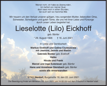 Traueranzeige von Lieselotte  Eickhoff von Siegener Zeitung