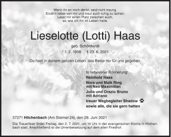 Traueranzeige von Lieselotte Haas von Siegener Zeitung