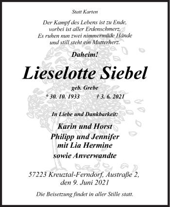 Traueranzeige von Lieselotte Siebel von Siegener Zeitung