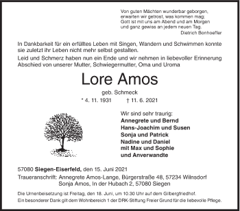Traueranzeige von Lore Amos von Siegener Zeitung