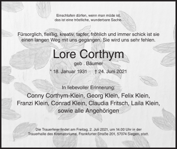 Traueranzeige von Lore Corthym von Siegener Zeitung