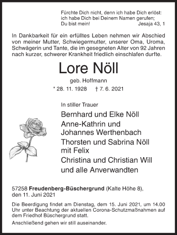 Traueranzeige von Lore Nöll von Siegener Zeitung