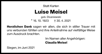 Traueranzeige von Luise Meisel von Siegener Zeitung