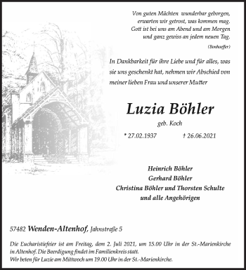 Traueranzeige von Luzia Böhler von Siegener Zeitung