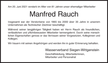 Traueranzeige von Manfred Rauch von Siegener Zeitung