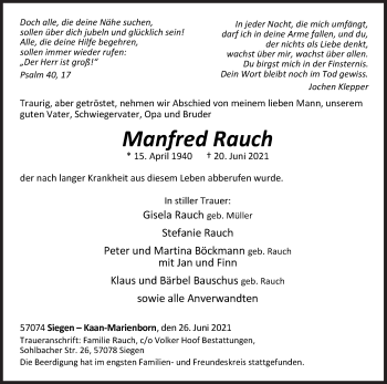 Traueranzeige von Manfred Rauch von Siegener Zeitung