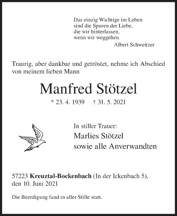 Traueranzeige von Manfred Stötzel von Siegener Zeitung