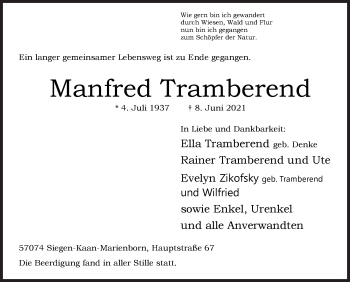 Traueranzeige von Manfred Tramberend von Siegener Zeitung