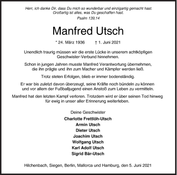 Traueranzeige von Manfred Utsch von Siegener Zeitung