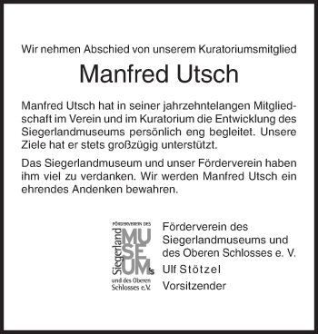 Traueranzeige von Manfred Utsch von Siegener Zeitung