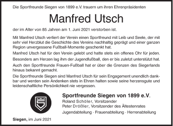 Traueranzeige von Manfred Utsch von Siegener Zeitung
