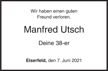 Traueranzeige von Manfred Utsch von Siegener Zeitung