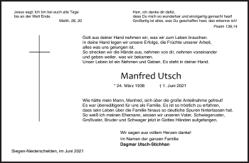 Traueranzeige von Manfred Utsch von Siegener Zeitung