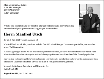Traueranzeige von Manfred Utsch von Siegener Zeitung