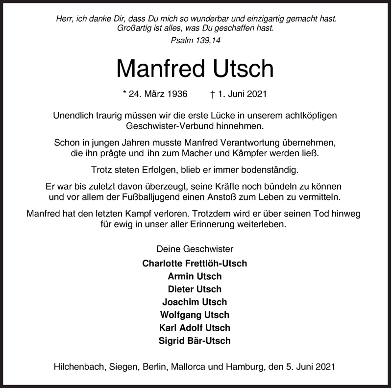  Traueranzeige für Manfred Utsch vom 05.06.2021 aus Siegener Zeitung