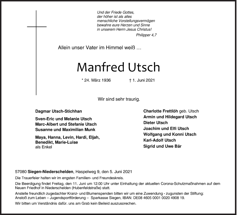  Traueranzeige für Manfred Utsch vom 05.06.2021 aus Siegener Zeitung