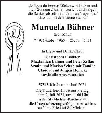 Traueranzeige von Manuela Bähner von Siegener Zeitung