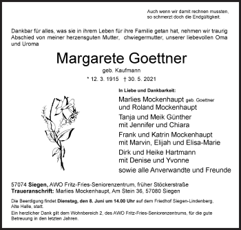 Traueranzeige von Margarete Goettner von Siegener Zeitung