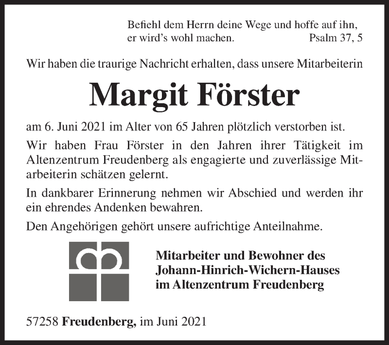  Traueranzeige für Margit Förster vom 12.06.2021 aus Siegener Zeitung