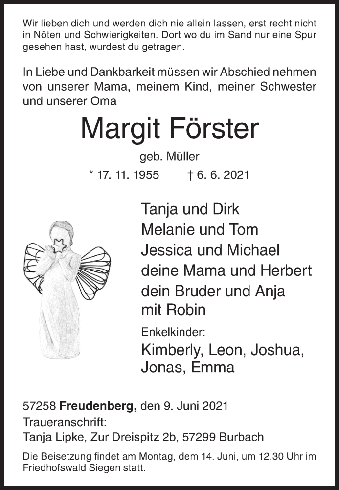  Traueranzeige für Margit Förster vom 09.06.2021 aus Siegener Zeitung