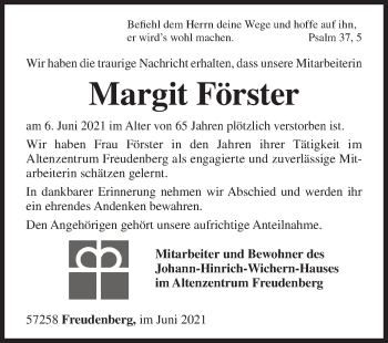 Traueranzeige von Margit Förster von Siegener Zeitung