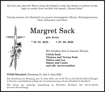 Traueranzeige von Margret Sack von Siegener Zeitung