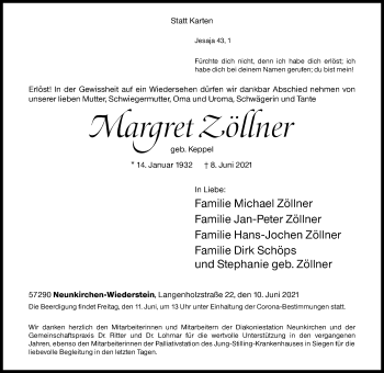 Traueranzeige von Margret Zöllner von Siegener Zeitung