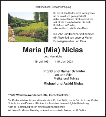 Traueranzeige von Maria Niclas von Siegener Zeitung