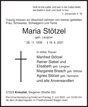 Traueranzeige von Maria Stötzel von Siegener Zeitung