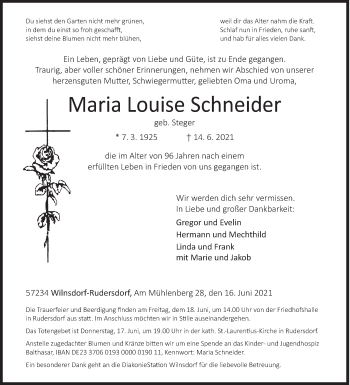 Traueranzeige von Maria Louise Schneider von Siegener Zeitung