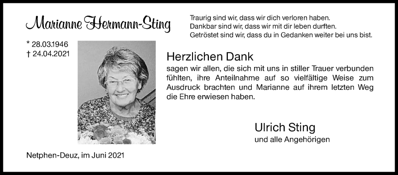  Traueranzeige für Marianne Hermann-Sting vom 05.06.2021 aus Siegener Zeitung