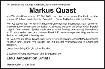 Traueranzeige von Markus Quast von Siegener Zeitung