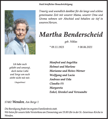 Traueranzeige von Martha Benderscheid von Siegener Zeitung