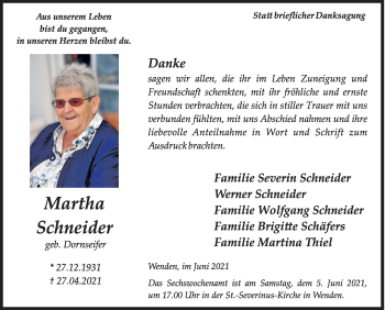Traueranzeige von Martha Schneider von Siegener Zeitung