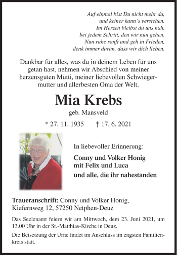 Traueranzeige von Mia Krebs von Siegener Zeitung