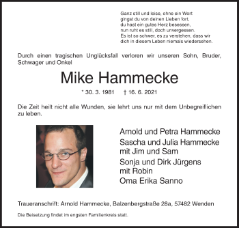 Traueranzeige von Mike Hammecke von Siegener Zeitung