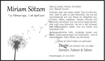 Traueranzeige von Miriam Sötzen von Siegener Zeitung