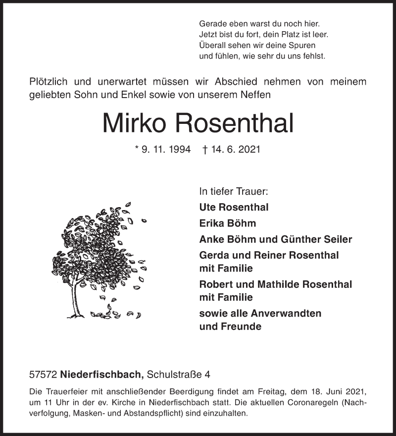  Traueranzeige für Mirko Rosenthal vom 17.06.2021 aus Siegener Zeitung