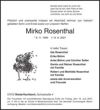 Traueranzeige von Mirko Rosenthal von Siegener Zeitung