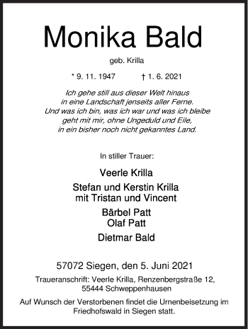 Traueranzeige von Monika Bald von Siegener Zeitung